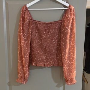 Lush Coral Smocked Blouse with Heart Print